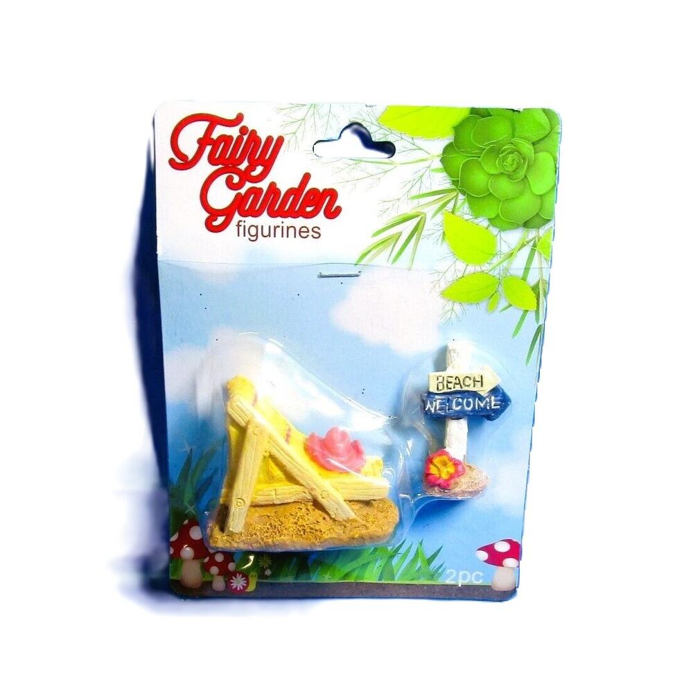 Fairy Garden Miniature Figurines Beach Lounge Chair, Welcome Sign Garden Display